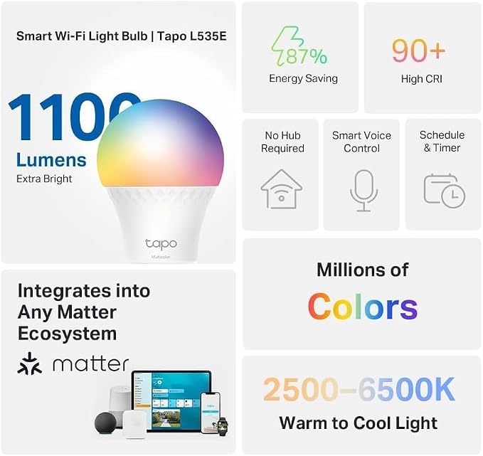 TP-Link Tapo Smart Light Bulbs, 1100 Lumens High Brightness, Matter-Certified - Image 2