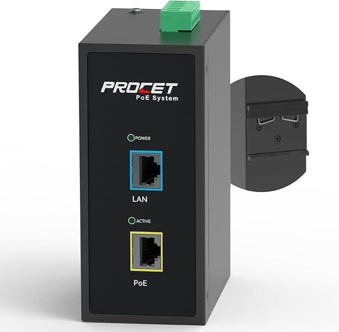 PROCET Gigabit PoE+ Injector Din Rail, 30W Industrial PoE Adapter by PROCETPOESystem