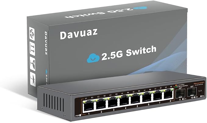 8-Port 2.5G Unmanaged Ethernet Switch, 8×2.5G Base-T Ports, 2×10G SFP+ Uplink by Davuaz