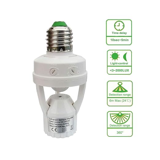 Motion Sensor Light Socket, E26 E27 PIR Motion Screw Bulb Adapter Indoor Use - Image 3
