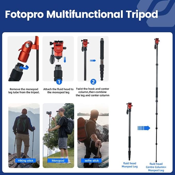 Fotopro 59" Carbon Fiber Travel Tripod - Image 4