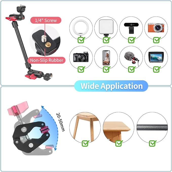 13"/34cm Magic Arm w Clamp, Camera Mount & Clamp w 1/4" 3/8" Threads and - Image 5