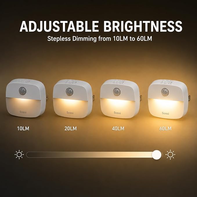 Sossi Motion Sensor Night Light Plug in 4 Pack, 10-60Lm Stepless Dimming - Image 4