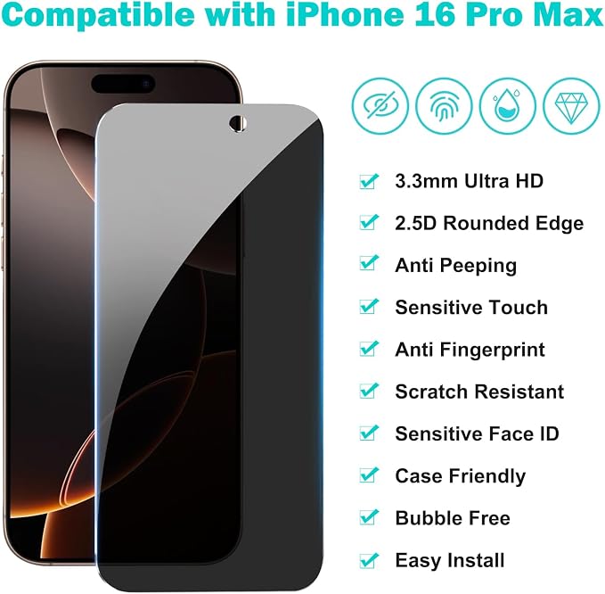 PEHAEL 3+3 Pack for iPhone 16 Pro Max Privacy Screen Protector - Image 2