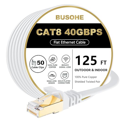 BUSOHE Cat 8 Ethernet Cable 125 FT, 40Gbps 2000Mhz High Speed Flat Cat8 Cable by BUSOHE
