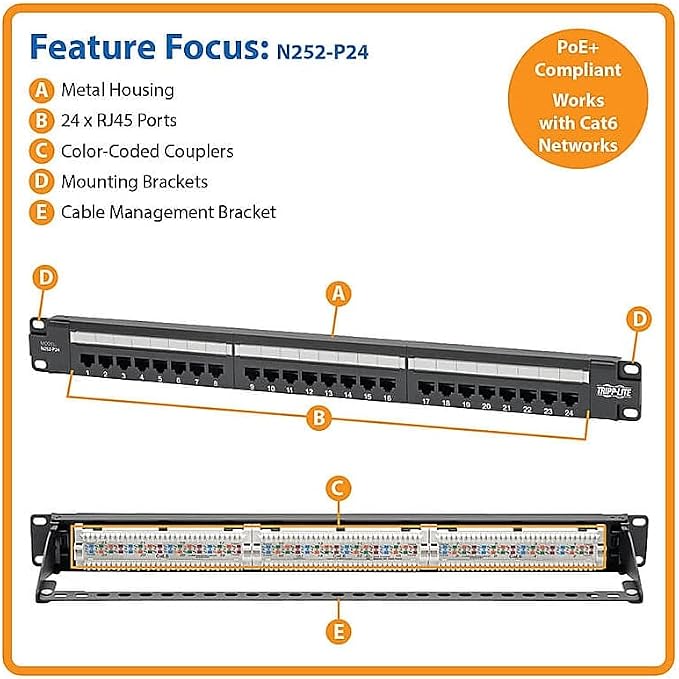 Eaton Tripp Lite Cat6 24-Port PoE+ Patch Panel, RJ45 Ethernet, 1U Rackmount - Image 6