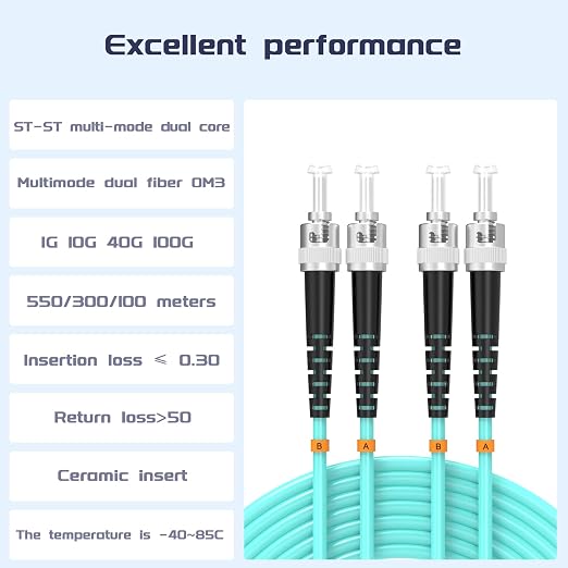 OM3 Fiber Patch Cable ST/UPC to ST/UPC 65ft/20meters 10BG/Gigabit Multimode - Image 2