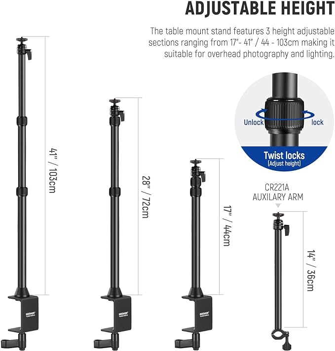 NEEWER Camera Desk Mount with Overhead C Amera Mounting Arm and 1/4" Ball Head - Image 2