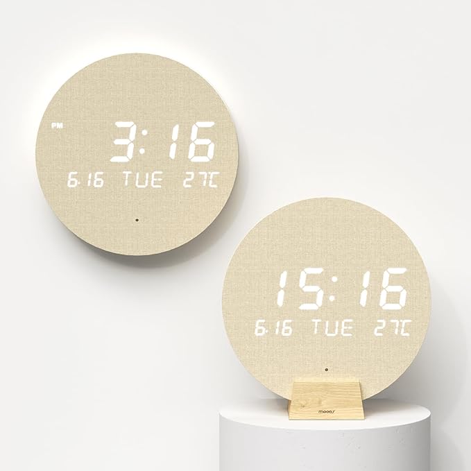 mooas Wood Moon Cordless Mini Digital LED Wall Clock, Temperature, Auto by mooas