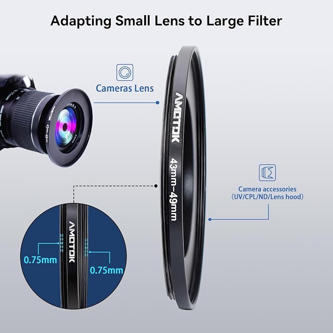 43mm Lens to 49mm Camera Lens Adapter, 43mm to 49mm Filter Step-Up Adapter Ring - Image 4