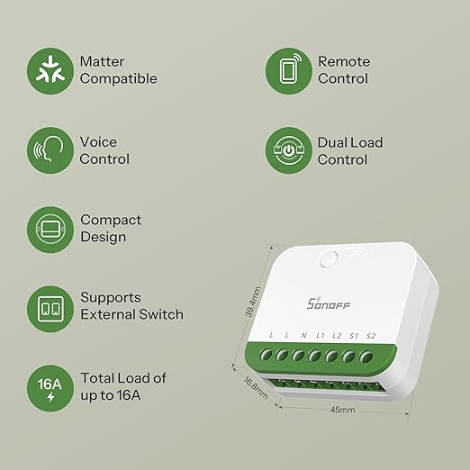 SONOFF MINI Duo, Matter Over WiFi, 2-Chanel WiFi Smart Switch, 16A Total Load - Image 3