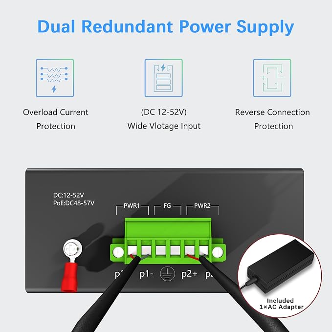 8-Port PoE Gigabit Industrial Ethernet Switch, 96W PoE Budget 48-57V Output - Image 4