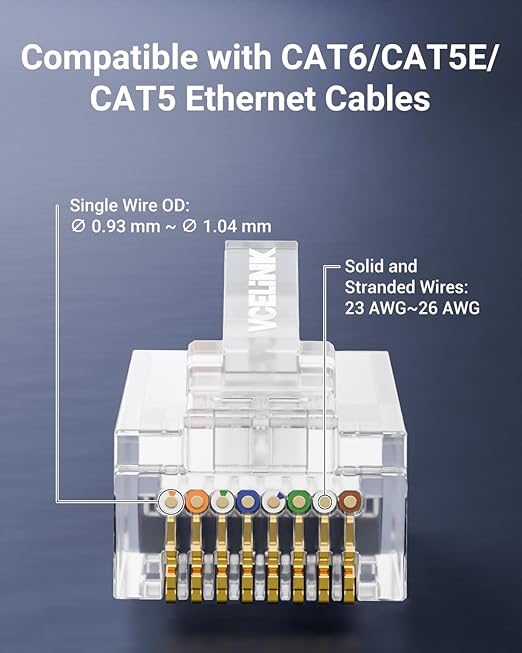 VCE 100-Pack Cat6 RJ45 Pass Through Connectors, 10Gbps Unshielded Ethernet - Image 6
