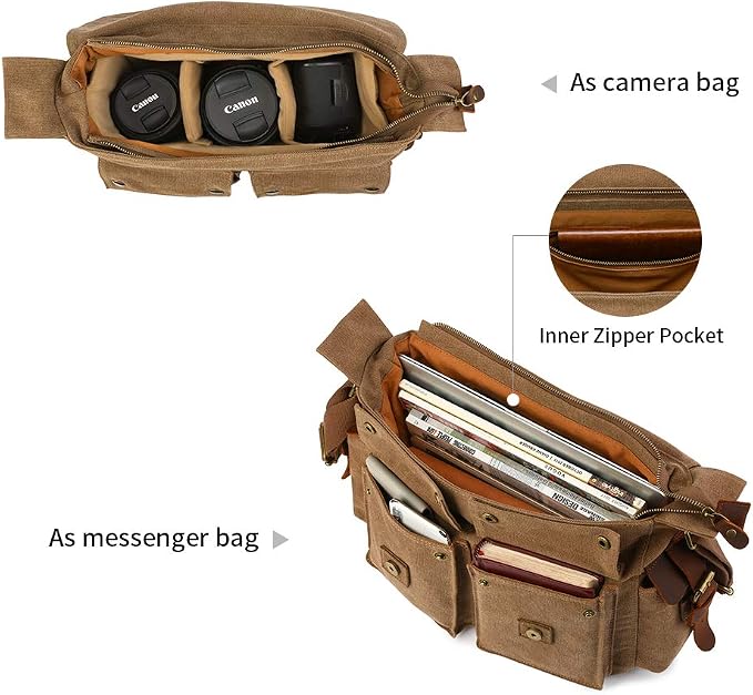 Kattee Leather Canvas Camera Bag Vintage DSLR SLR Messenger Shoulder Bag - Image 4