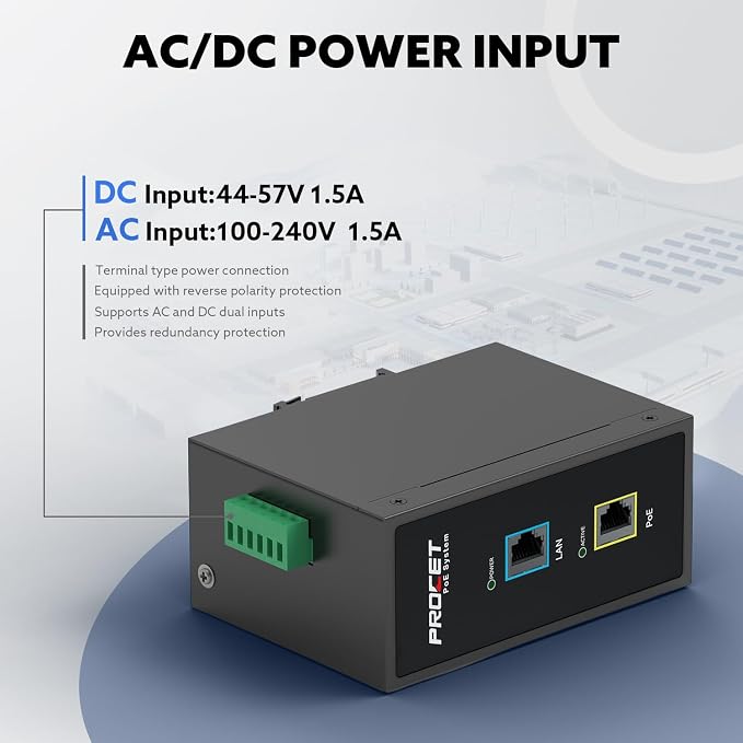 PROCET 10 Gbps Gigabit PoE+ Injector Din Rail, 30W Industrial PoE Adapter - Image 2