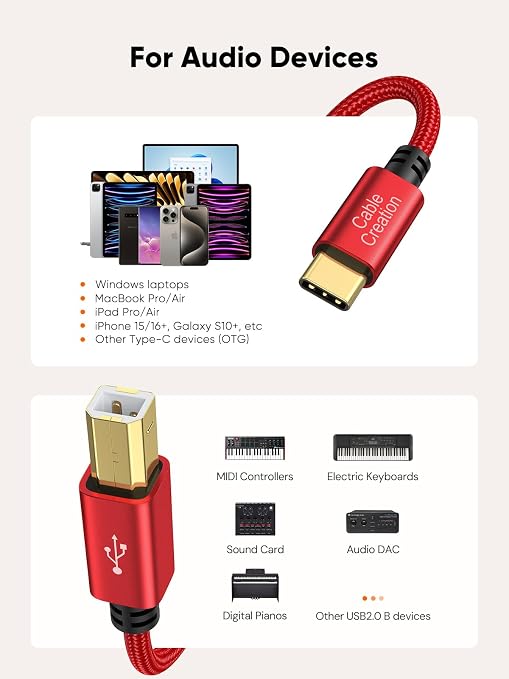CableCreation USB B to USB C 6.6FT Printer Cable, MIDI Cable to USB C, Nylon - Image 7