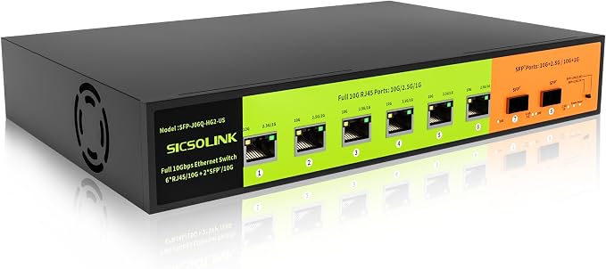 8 Port 10G Unmanaged Ethernet Switch, 6×10G RJ45 + 2×10G SFP+, Low-Noise Fan by SICSOLINK