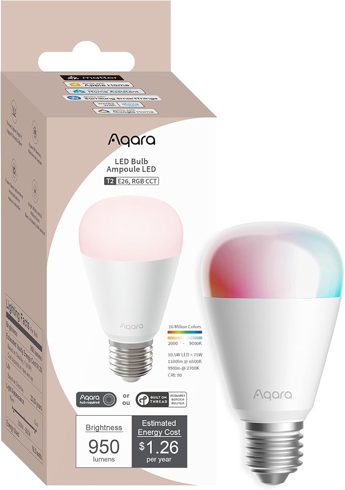 Aqara Thread/Zigbee Smart LED Light Bulb T2 E26, Tunable White, RGB Color by Aqara