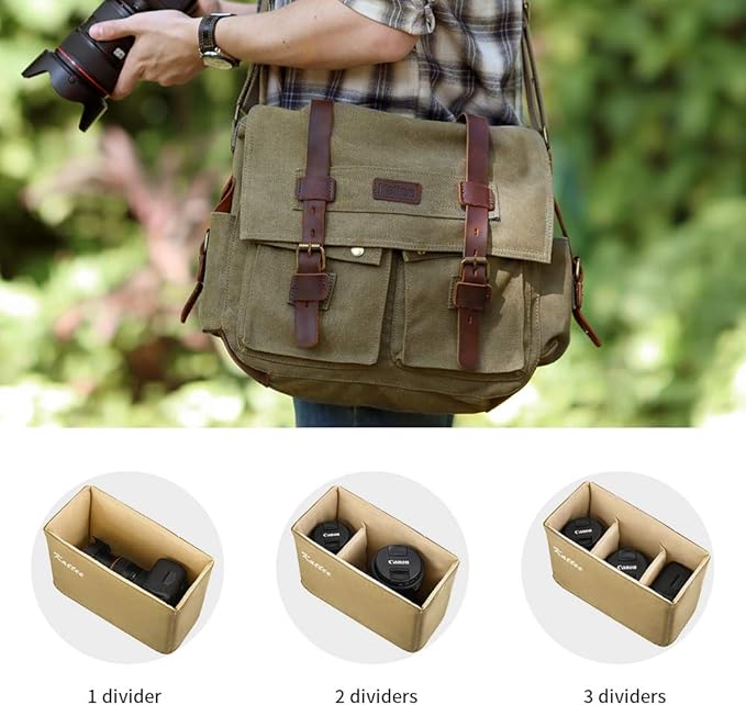 Kattee Leather Canvas Camera Bag Vintage DSLR SLR Messenger Shoulder Bag - Image 5