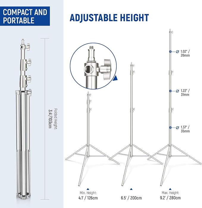 NEEWER 2Pcs 9.2ft Stainless Steel Light Stands, Spring Cushioned Heavy Duty - Image 2