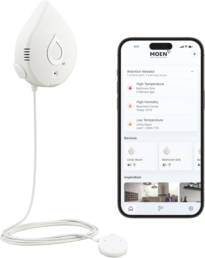 Moen Flo Smart Water Leak Detector, Drip or Flood Sensor Alarm by Moen