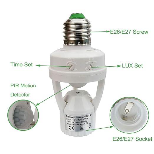 Motion Sensor Light Socket, E26 E27 PIR Motion Screw Bulb Adapter Indoor Use - Image 2