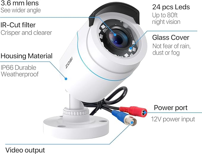 ZOSI 4 x 2MP 1080p HD-TVI Home Security Camera Outdoor Indoor 1920TVL, 80ft - Image 3