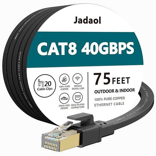 Jadaol Cat 8 Ethernet Cable 75 ft, 40Gbps 2000MHz Flat RJ45 S/FTP LAN Patch by Jadaol