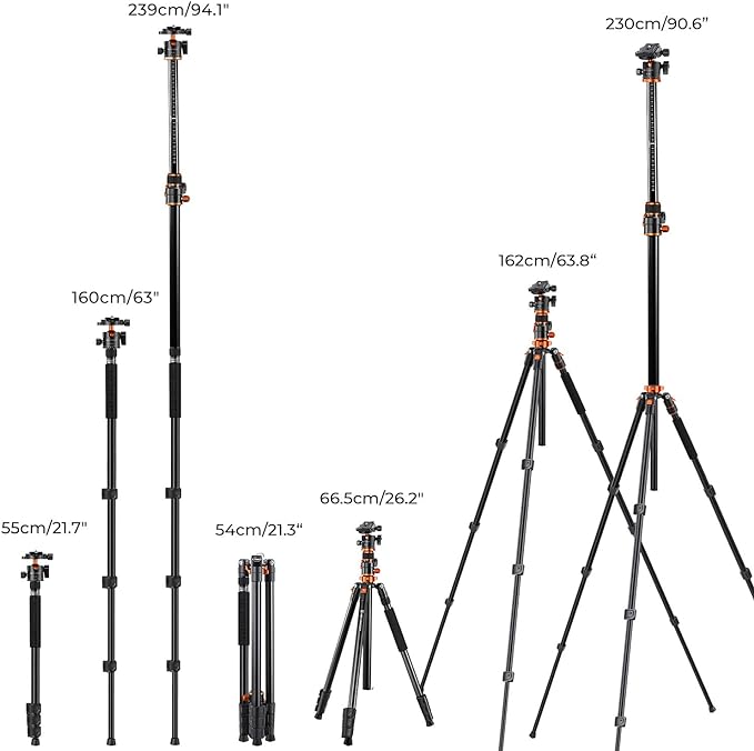 K&F CONCEPT 90''/230cm Ultra High Camera Tripod T254A7+BH-28L | Horizontal - Image 6