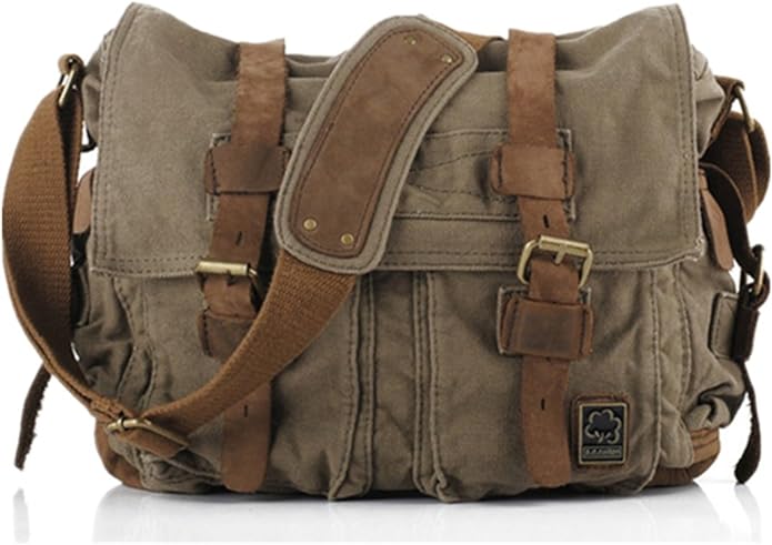 Sechunk Vintage Military Leather Canvas Laptop Bag Messenger Bags Medium - Image 2