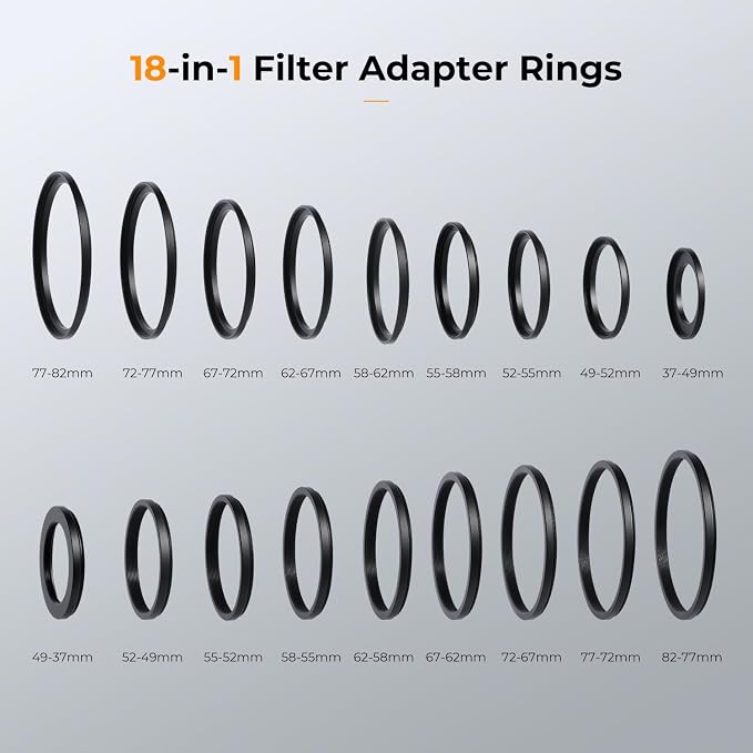K&F CONCEPT 18 Pieces Filter Ring Adapter Set, Camera Lens Filter Metal - Image 2