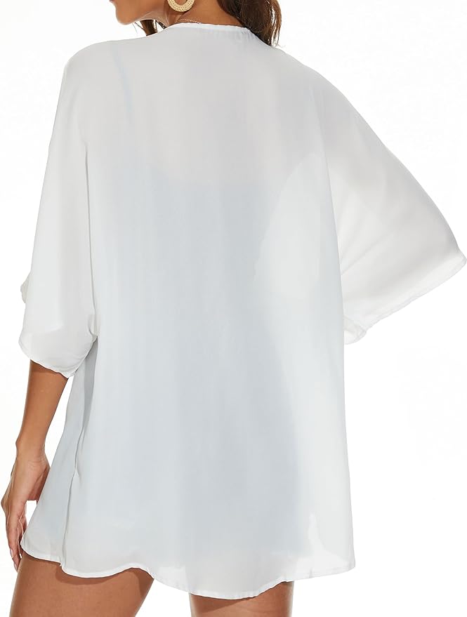Women's Floral Print Puff Sleeve Kimono Cardigan Loose Cover Up Casual Blouse - Image 6