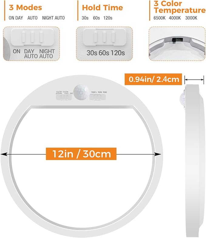 slochi 2Pack Motion Sensor Light Indoor Wired, 12 Inch 3000K/4000K/6500K Closet - Image 7