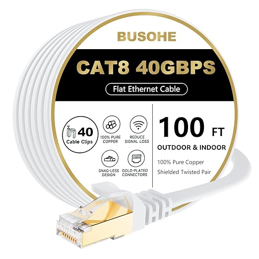 BUSOHE Cat 8 Ethernet Cable 100 FT, 40Gbps 2000Mhz High Speed Flat Cat8 Cable by BUSOHE