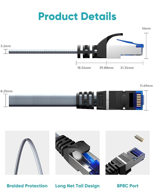 BUSOHE Cat 8 Ethernet Cable 8 ft, Nylon Braided High Speed Heavy Duty Network - Image 4
