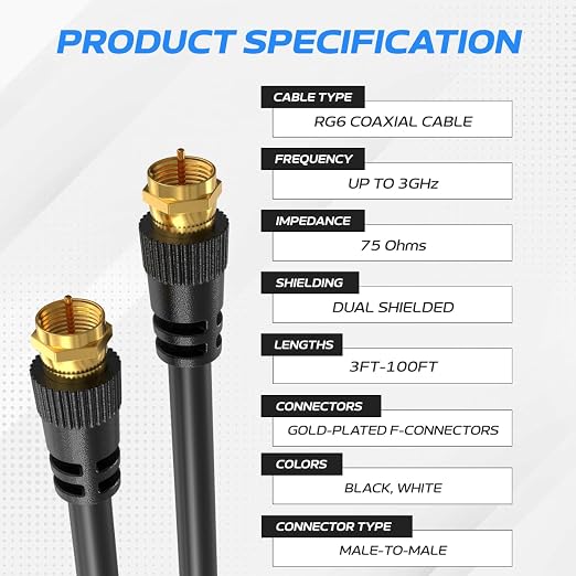Cables Direct Online Coaxial Cable 100FT Black Coax RG6 Male F Type Extension - Image 2