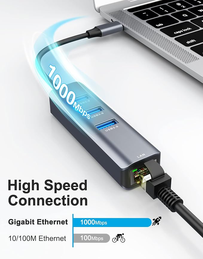 ABLEWE USB C to Ethernet Adapter, 4-in-1 RJ45 to USB-C/Thunderbolt 3 to Gigabit - Image 2