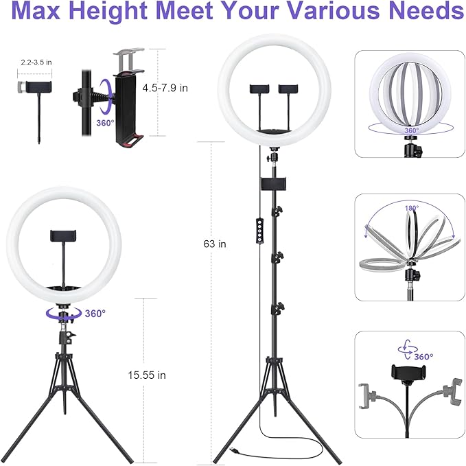 10" Selfie Ring Light with 73" Tripod Stand & 1 Phone Holder, LED Camera - Image 6