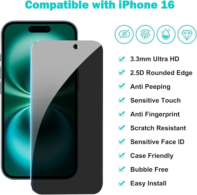 PEHAEL 3+3 Pack for iPhone 16 Privacy Screen Protector - Image 2