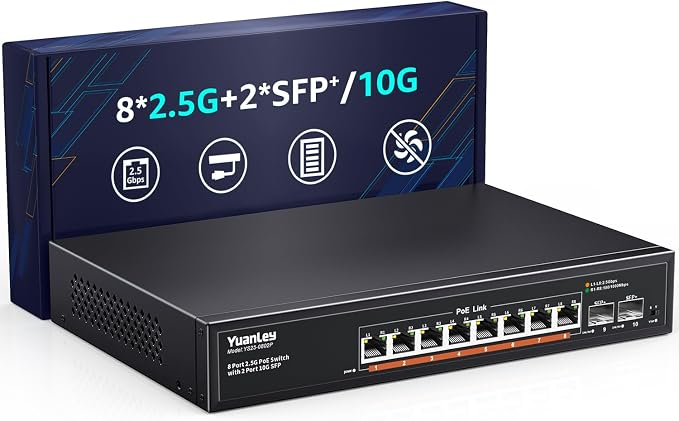 YuanLey 10 Port 2.5G PoE Switch Unmanaged, 8 x 2.5G Base-T PoE Ports, 2 x 10G by YuanLey
