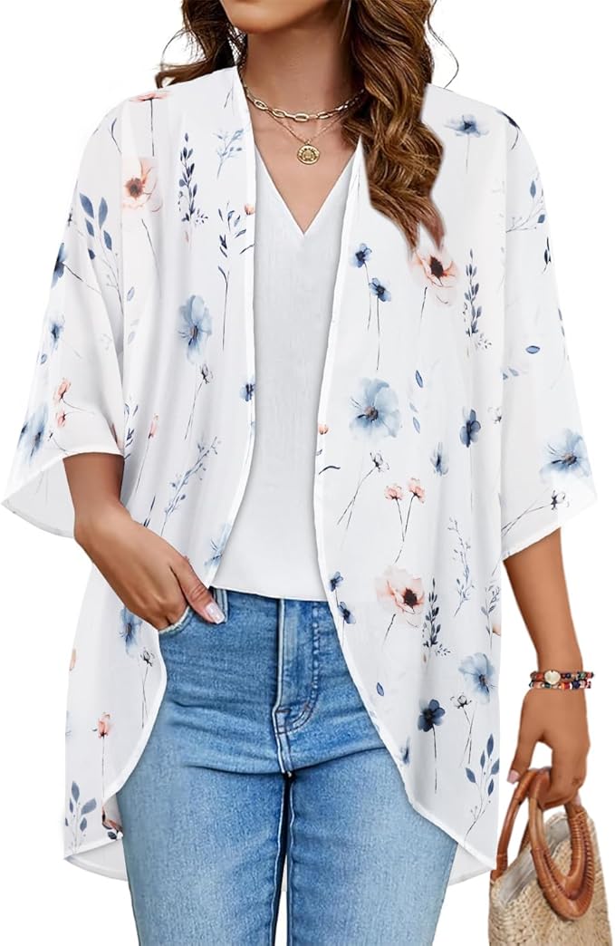 Women's Floral Print Puff Sleeve Kimono Cardigan Loose Cover Up Casual Blouse by CHICGAL