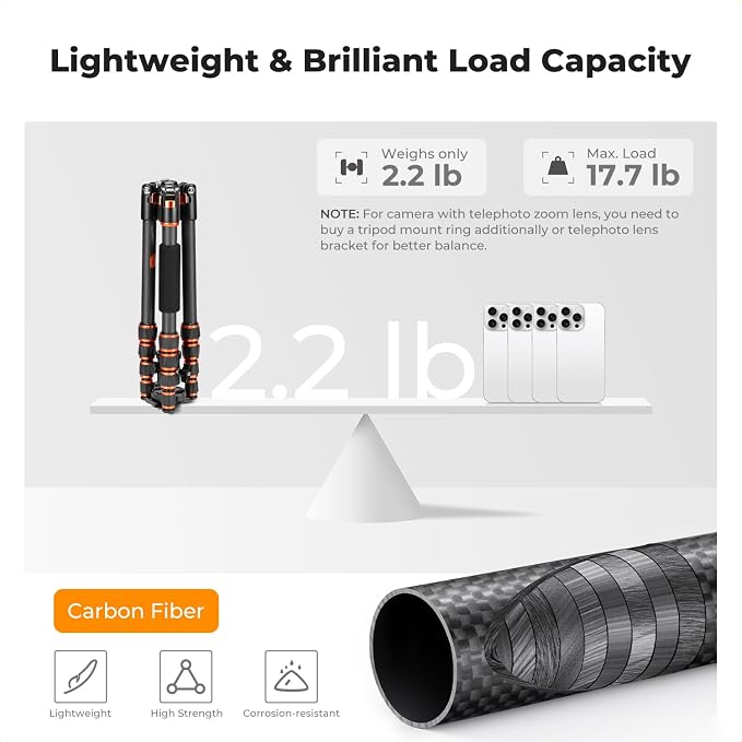 K&F Concept 60 inch Carbon Fiber Camera Tripod, Super Lightweight Compact - Image 3