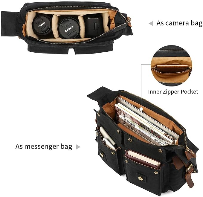 Kattee Leather Canvas Camera Bag Vintage DSLR SLR Messenger Shoulder Bag - Image 4