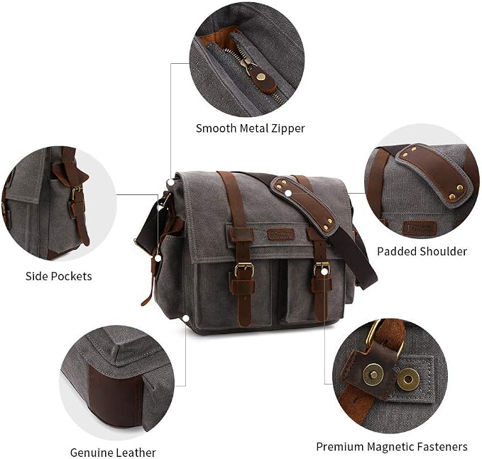Kattee Leather Canvas Camera Bag Vintage DSLR SLR Messenger Shoulder Bag - Image 6