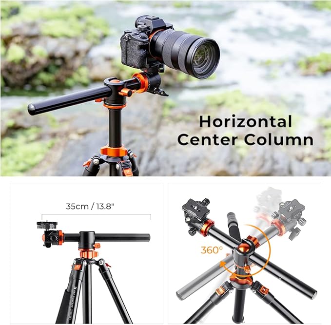 K&F CONCEPT 73 inch /186cm Camera Tripod, Transverse Center Column Aluminium - Image 3