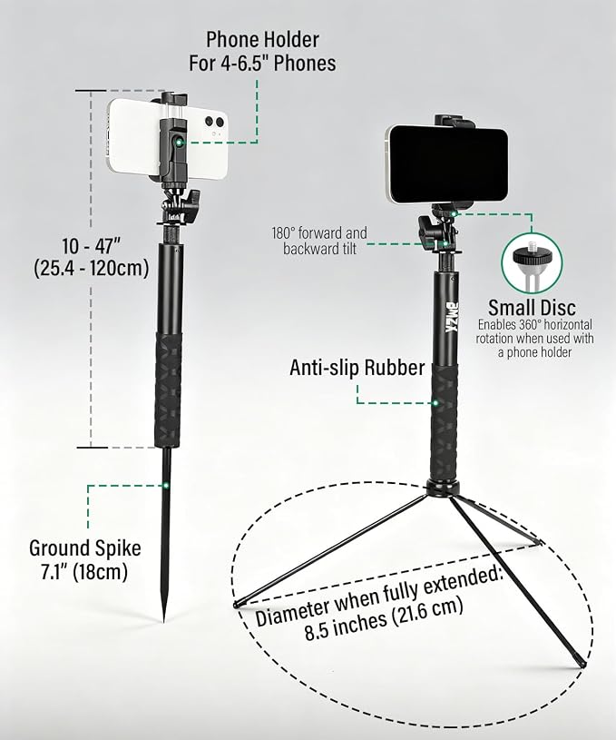 BMZX Golf Tripod Monopod, Magnetic Phone Holder, 1/4"-20 Screw, Carry Bag | - Image 5