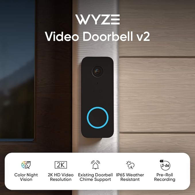 Wyze Video Doorbell v2, 2K Video, Two-Way Audio, Color Night Vision, Compatible - Image 2