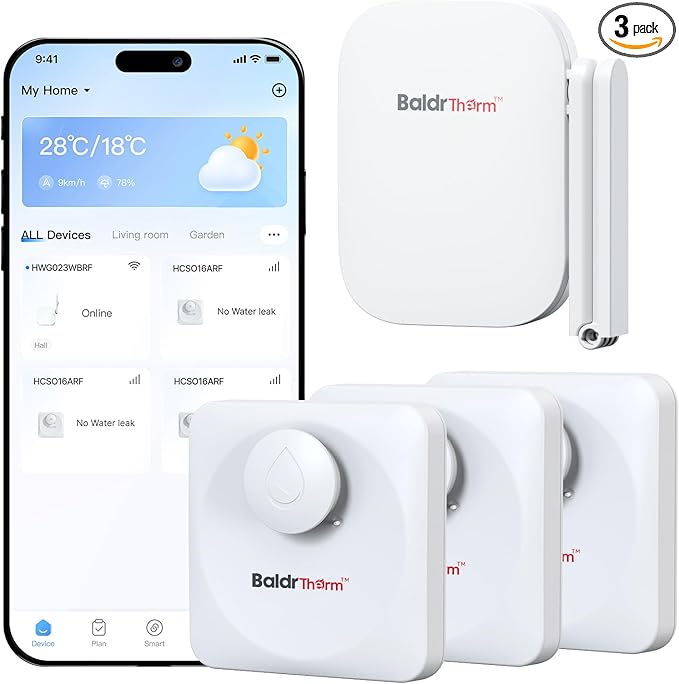 WiFi Water Leak Detector, Hub & Water Leak Sensor 3 Pack, Wireless Siren Alarm by BaldrTherm