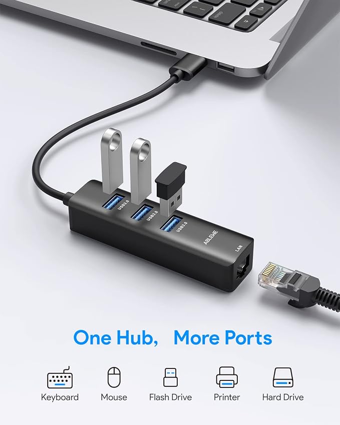 USB to Ethernet Adapter, ABLEWE 3 Ports USB 3.0 Hub - Image 2