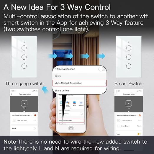 MOES 2.4GHz WiFi Wall Touch Smart Switch Neutral Wire Required, 3 Way - Image 3